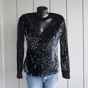 SHEILAY Sequin and Lace Long Sleeve Top